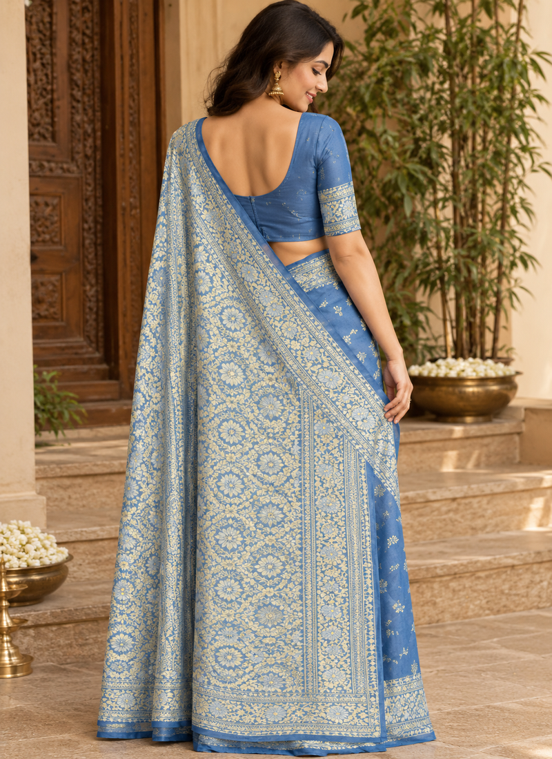 Sky Blue Saree With Intricate Gold Woven Border