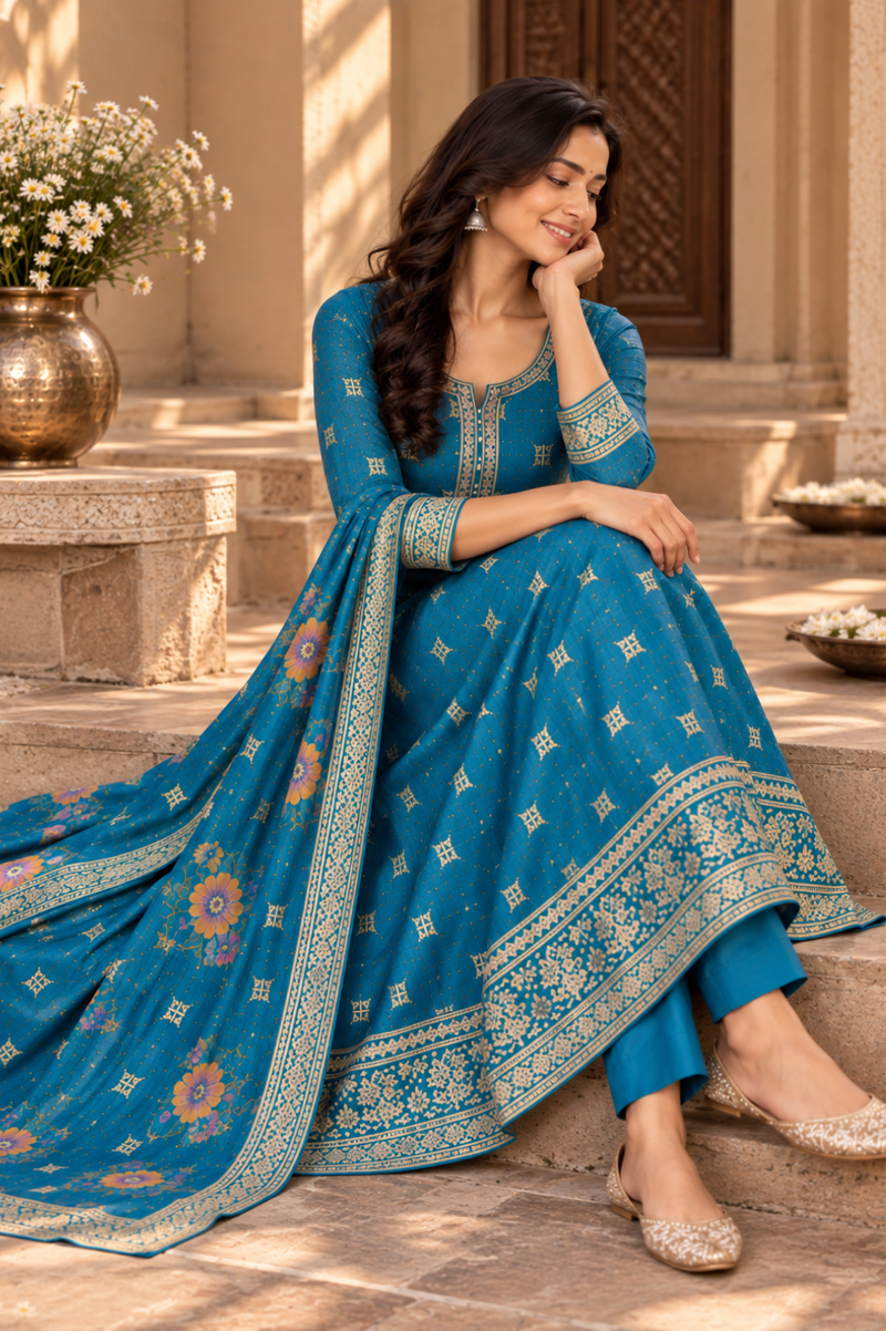 Teal Blue Printed Kurta Set With Floral Dupatta
