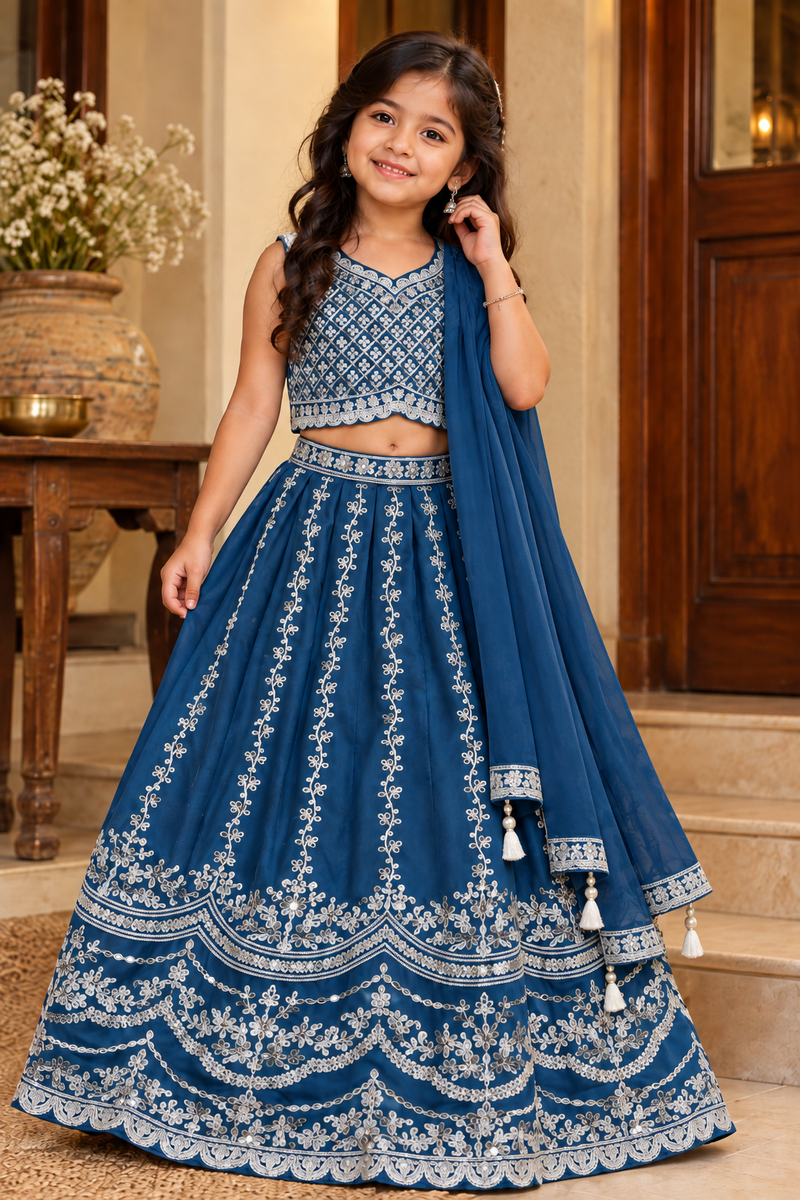 Royal Blue Embroidered Lehenga Choli Set for Girls with Dupatta