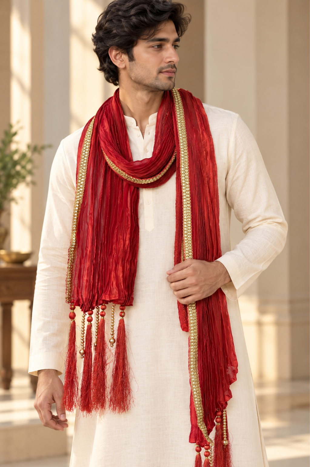 Red & Gold Embellished Men’s Stole With Tassels