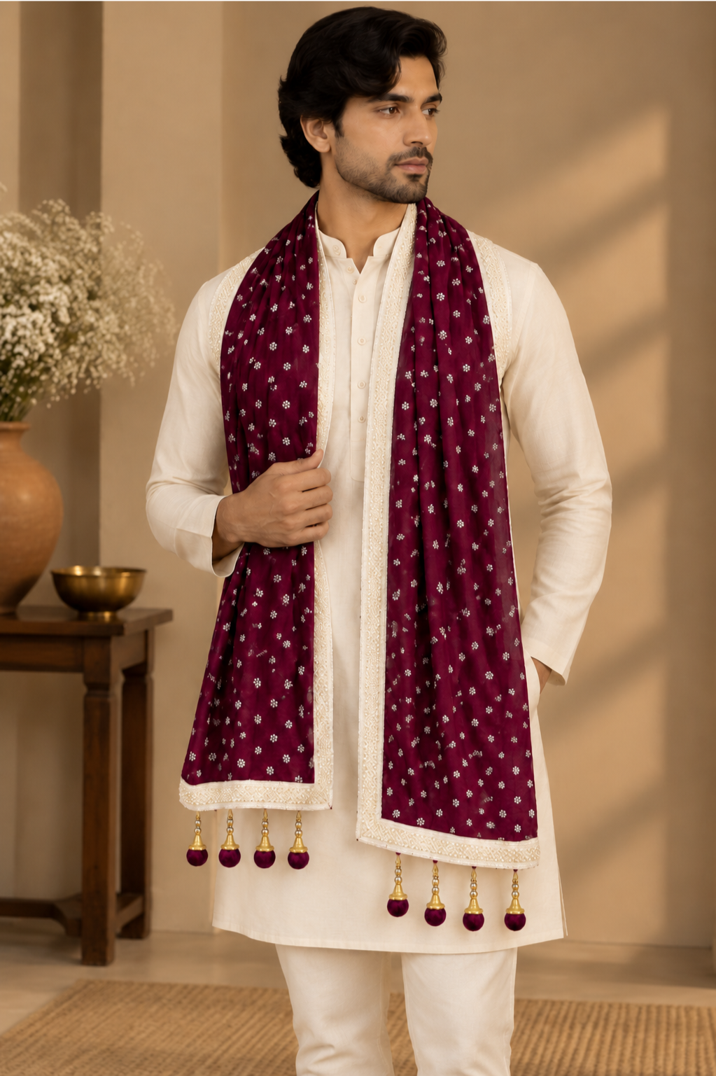 Wine Purple Floral Men’s Stole With Tassels