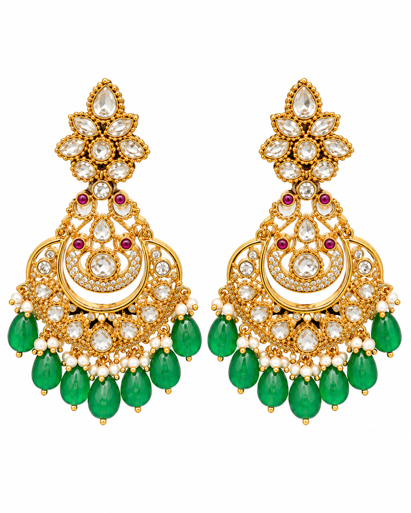 Gold-Plated Green Emerald Kundan Chandbali Earrings