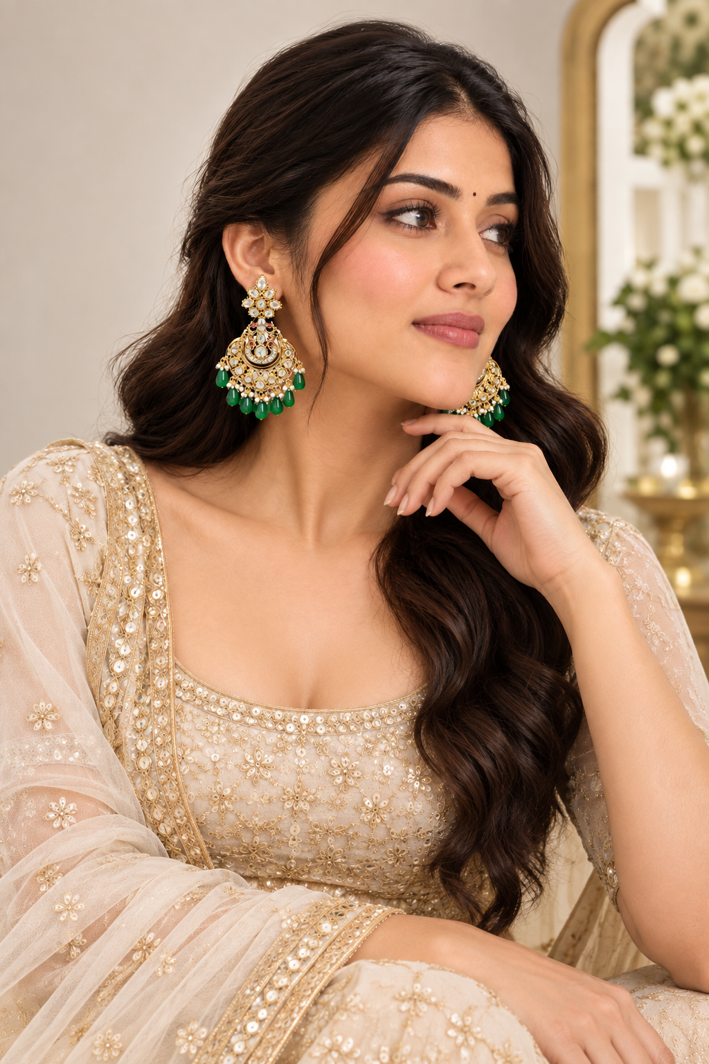 Gold-Plated Green Emerald Kundan Chandbali Earrings