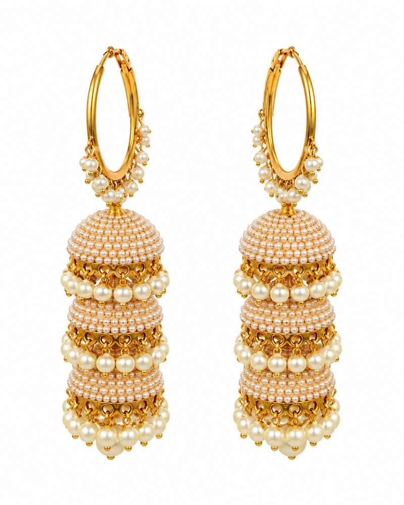Gold Pearl Jhumka Hoop Earrings