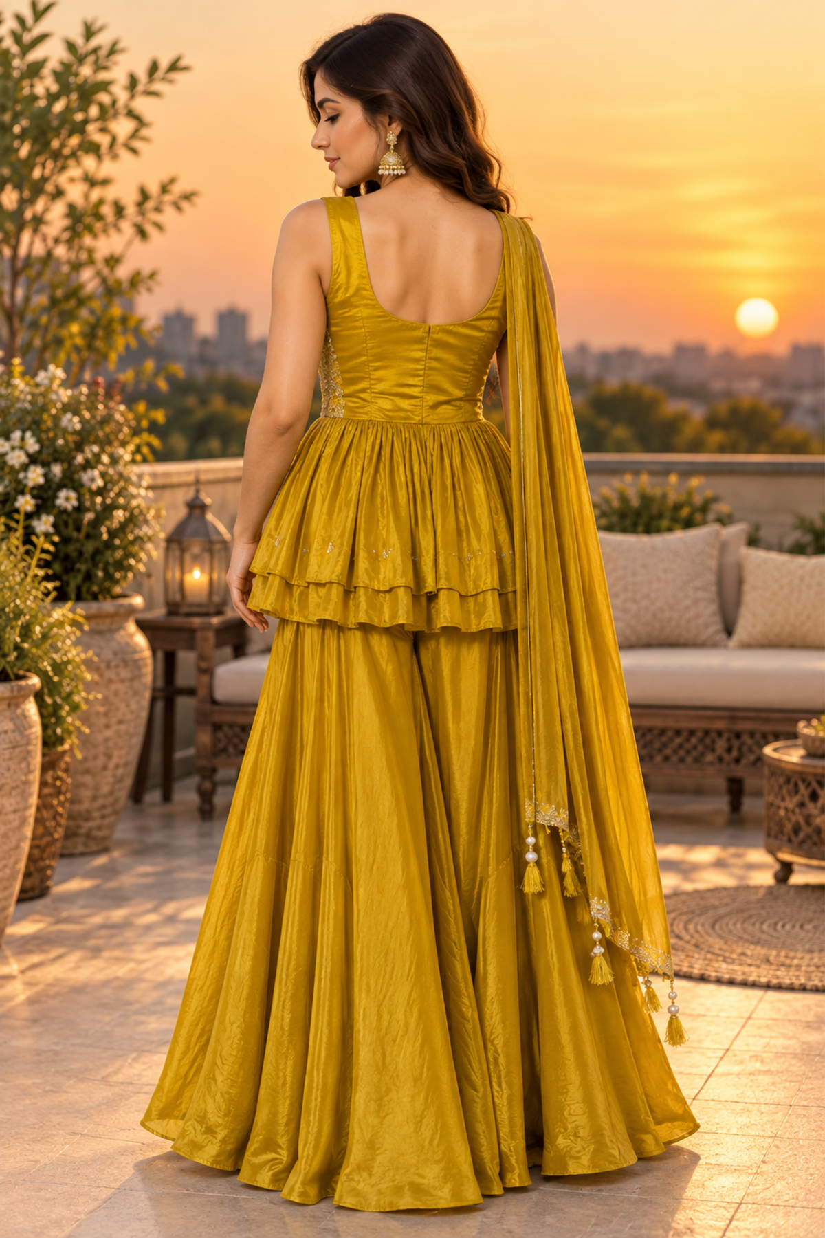 Mustard Yellow Embroidered Peplum Sharara Set