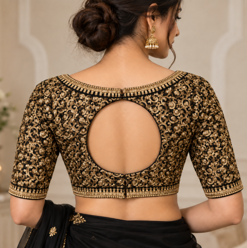 Black & Gold Embroidered V-Neck Blouse