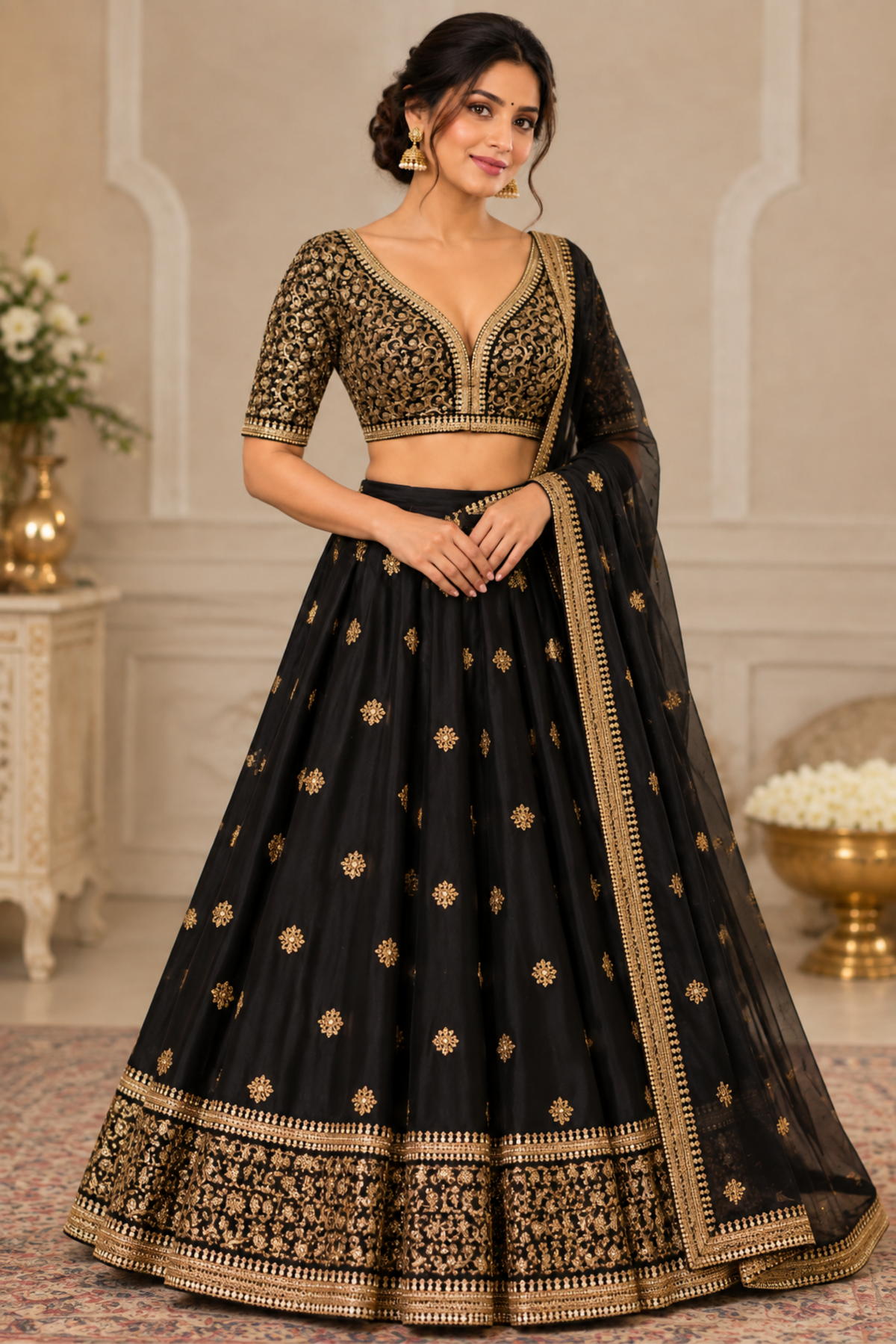 Black & Gold Embroidered V-Neck Blouse
