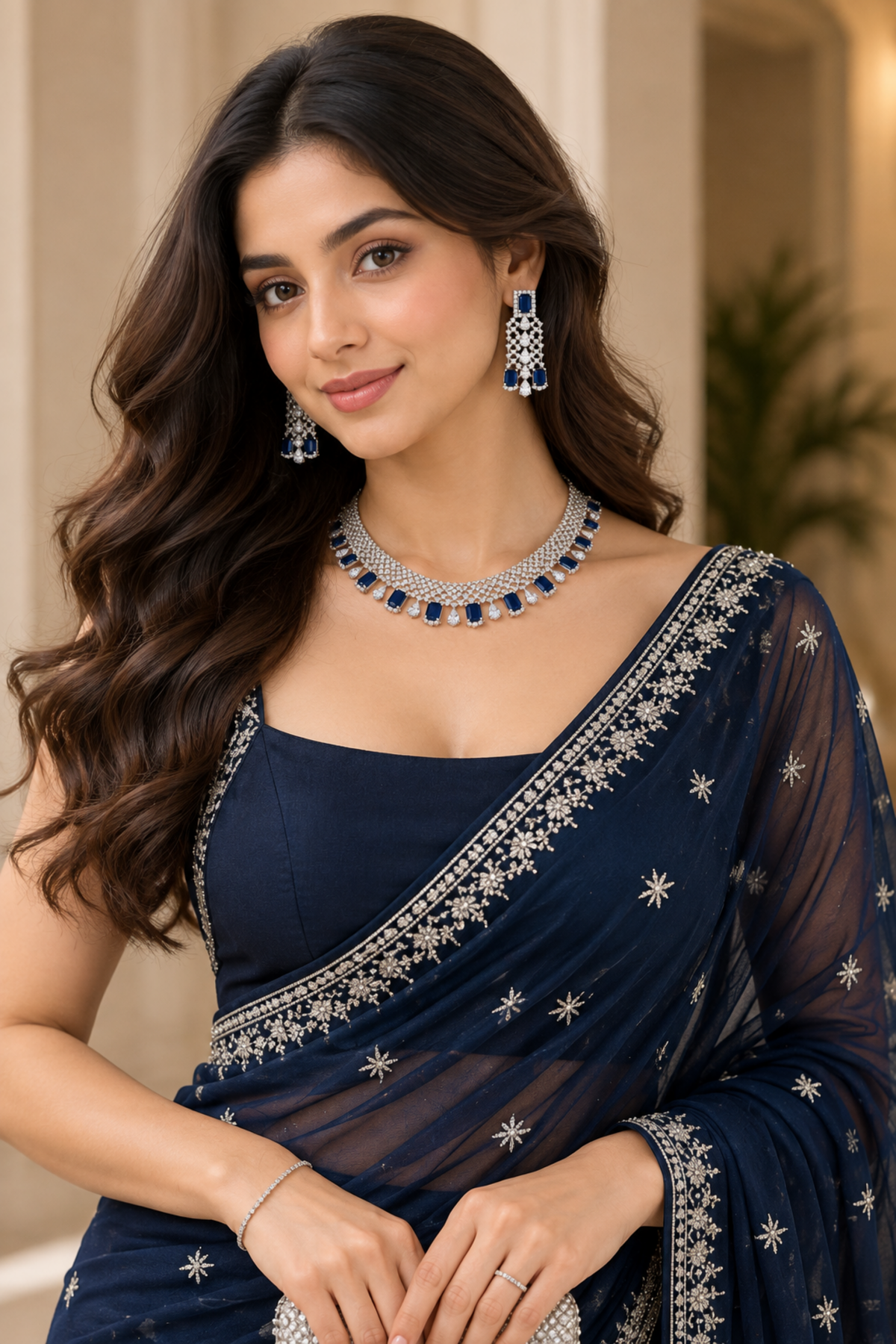 Silver Crystal & Sapphire Blue Necklace Set