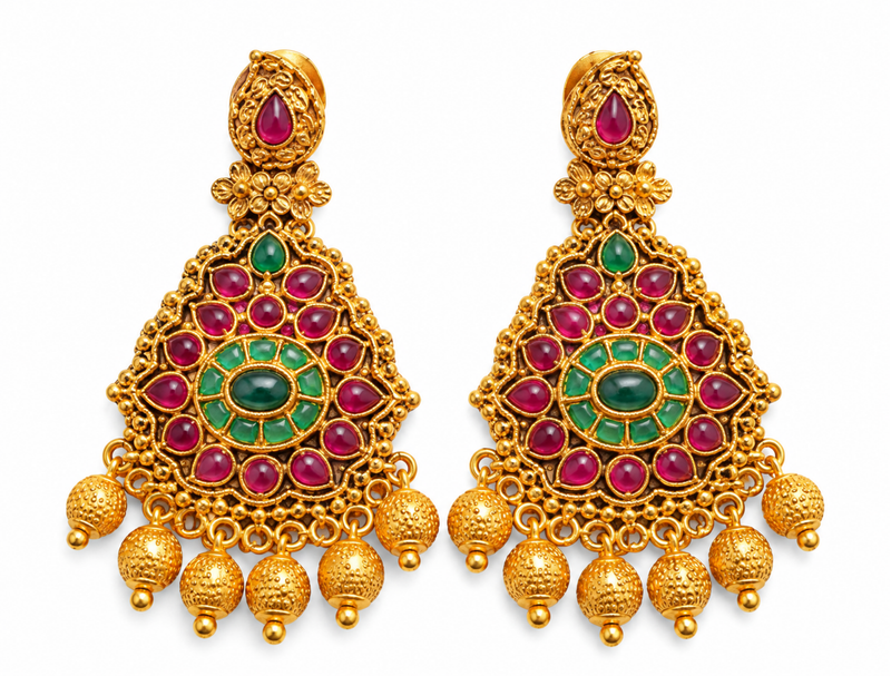 Antique Gold Multicolor Kundan Necklace & Earring Set