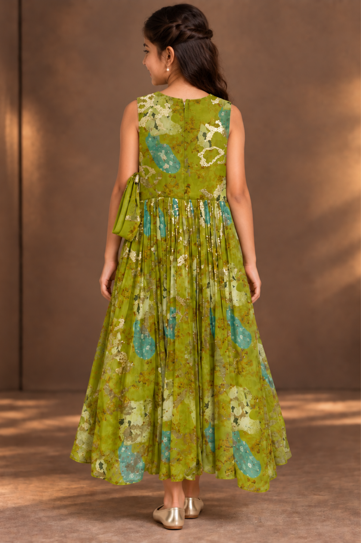 Olive Green Printed Girls’ Anarkali Dress