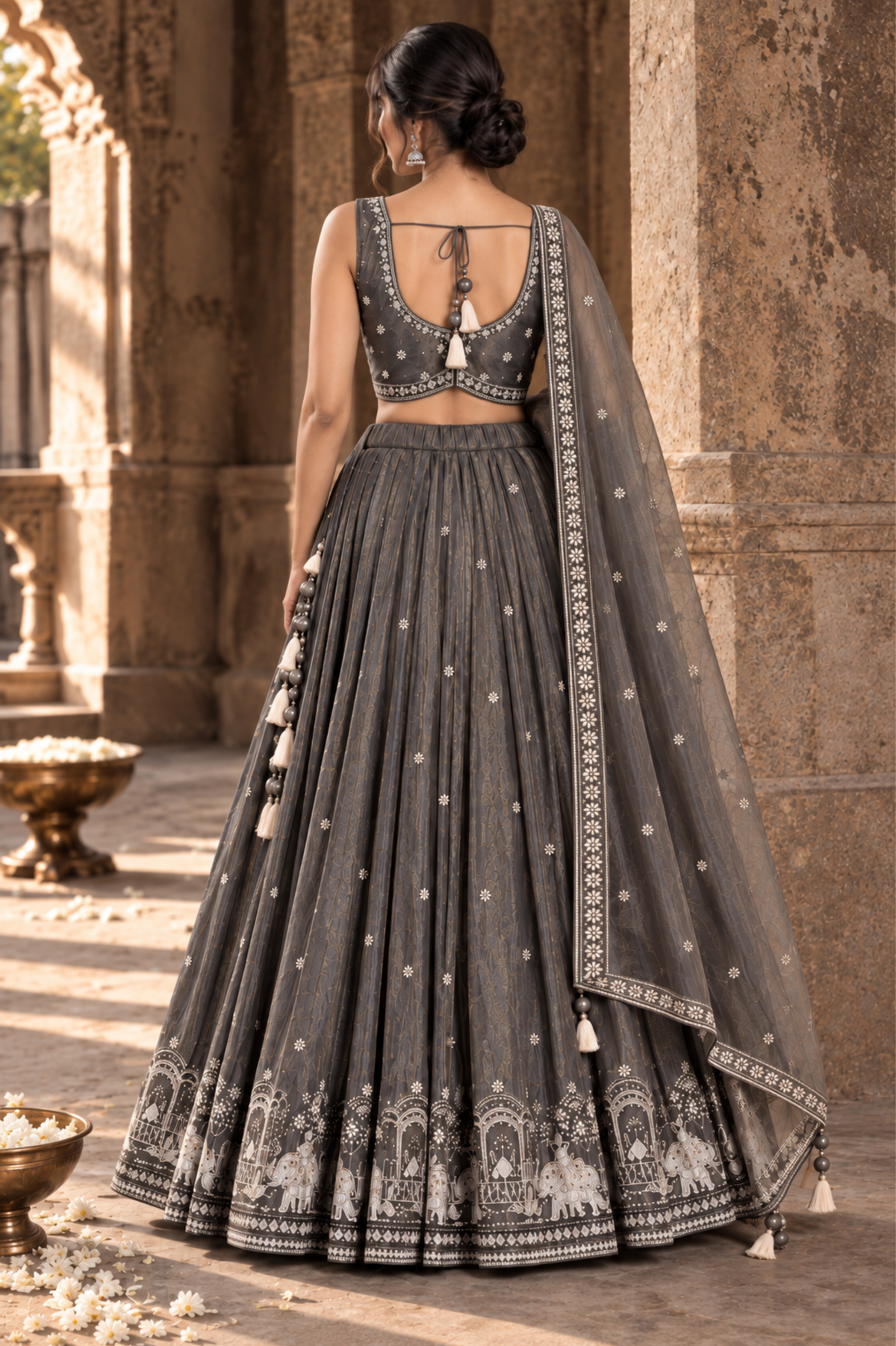 Charcoal Grey Embroidered Lehenga Set With Draped Dupatta