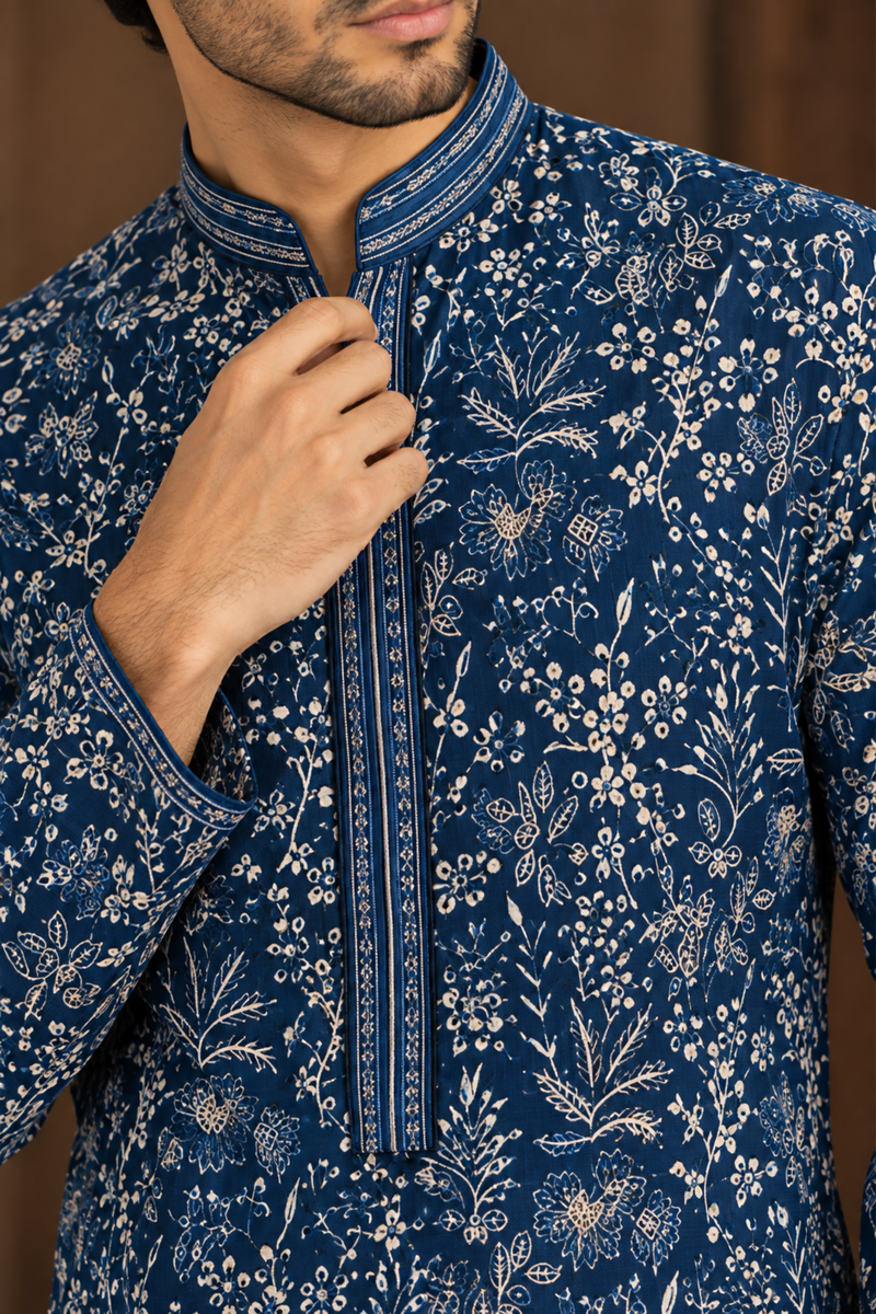 Midnight Blue Floral Embroidered Kurta Set With White Trousers