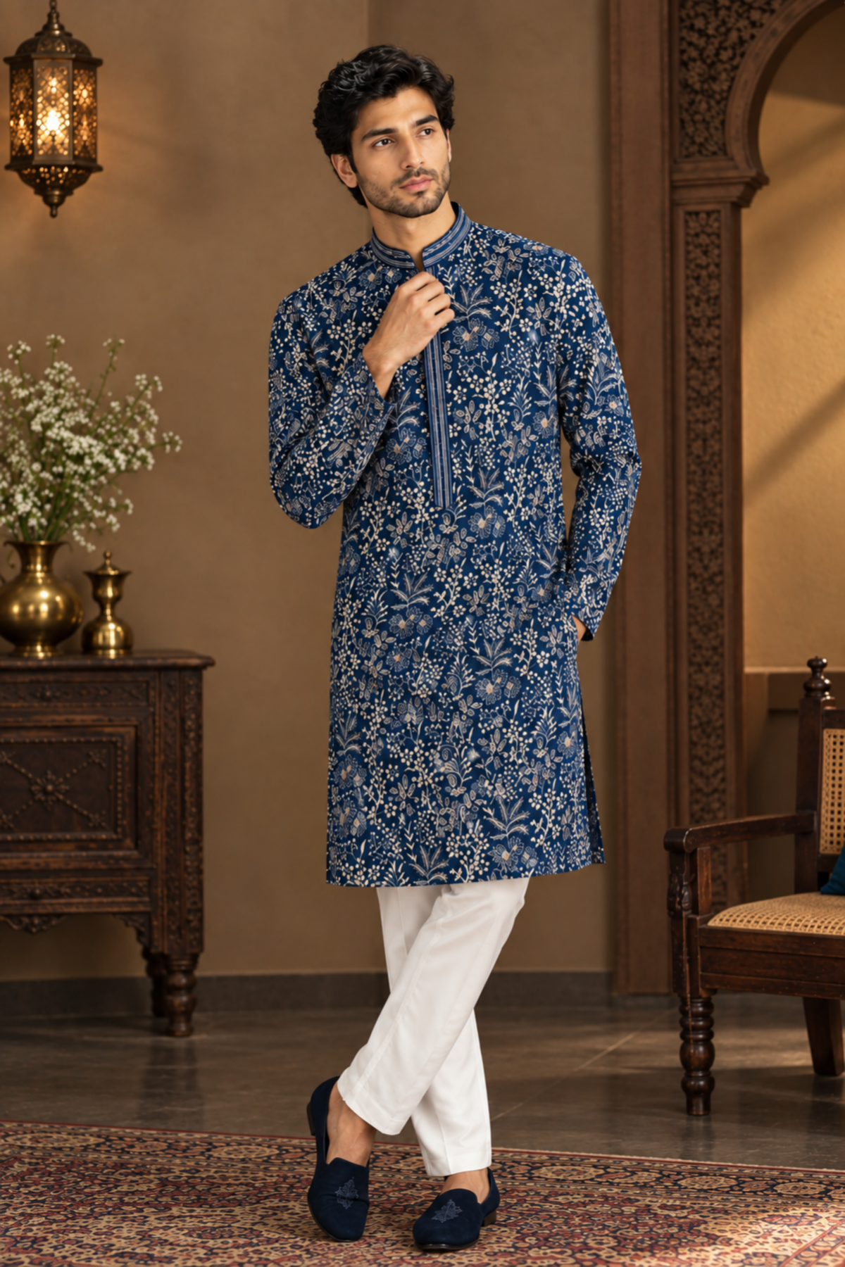 Midnight Blue Floral Embroidered Kurta Set With White Trousers