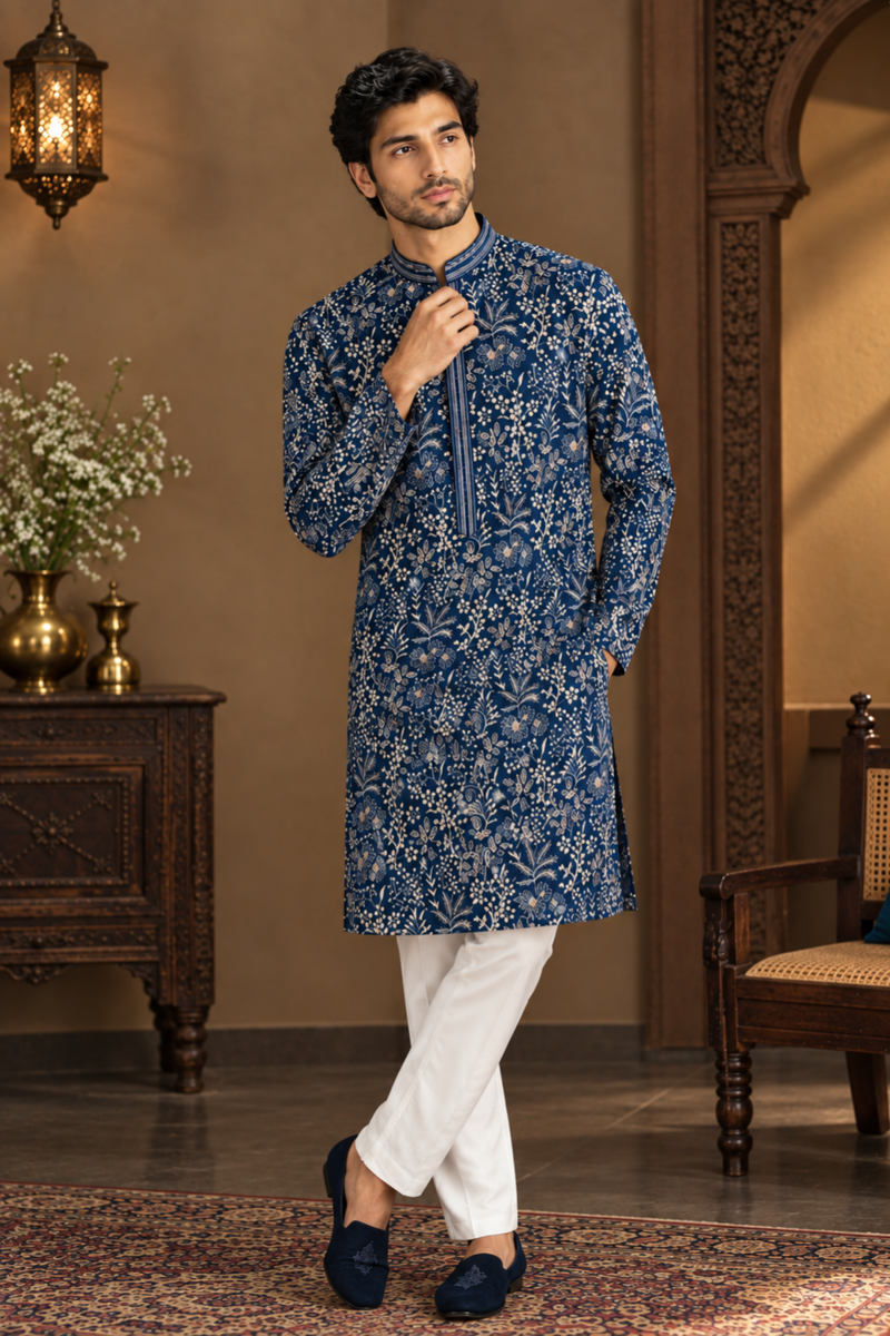 Midnight Blue Floral Embroidered Kurta Set With White Trousers