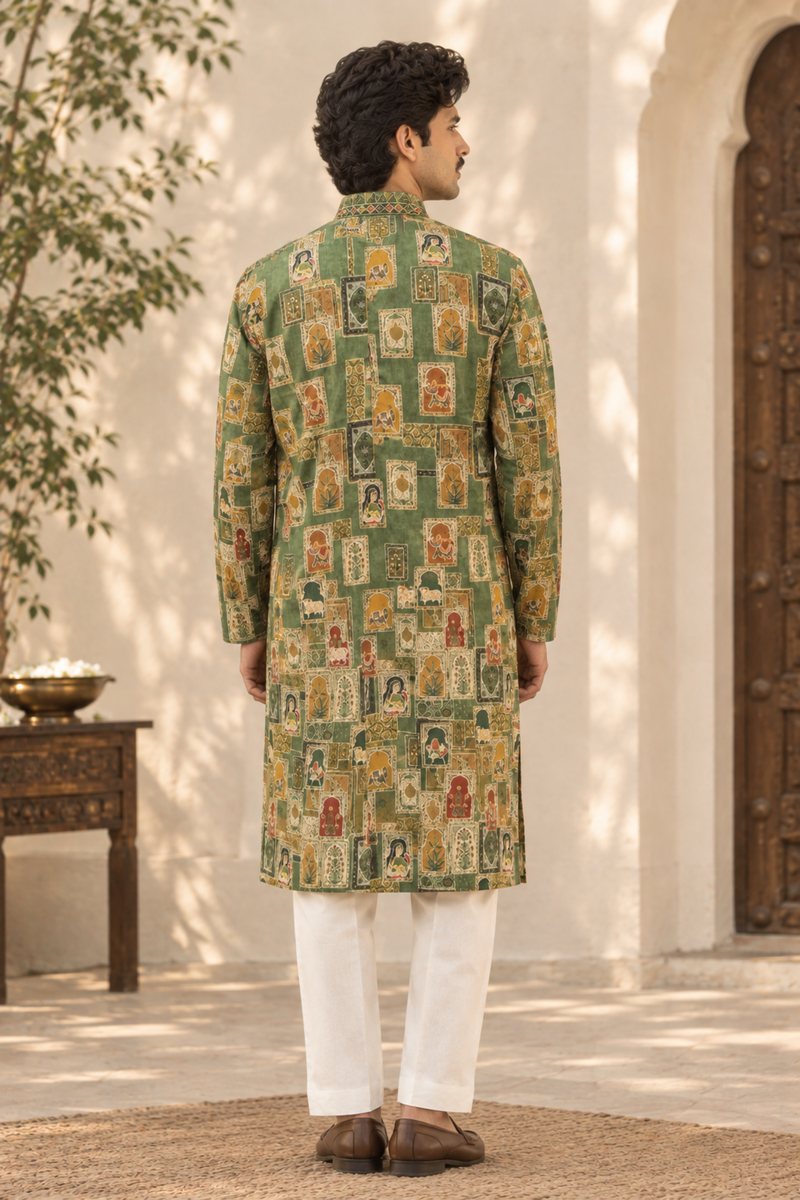 Olive Green Artisanal Printed Kurta Set
