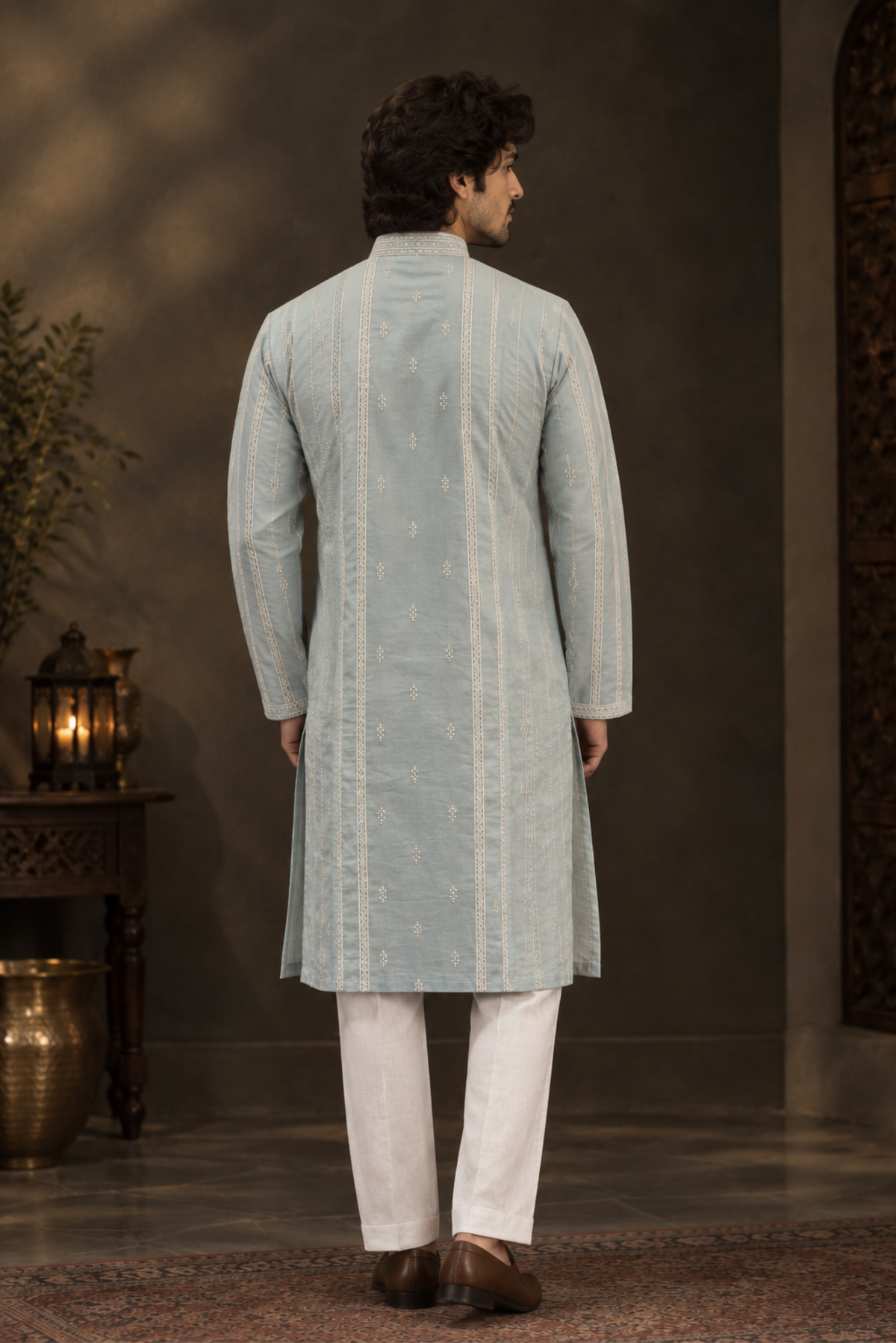 Ice Blue Embroidered Kurta Set With Ivory Trousers