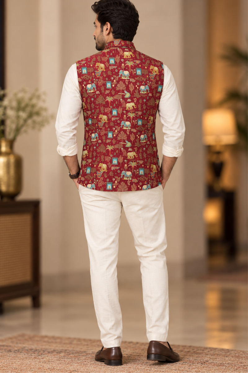 Maroon Printed Nehru Jacket With Ivory Kurta Set