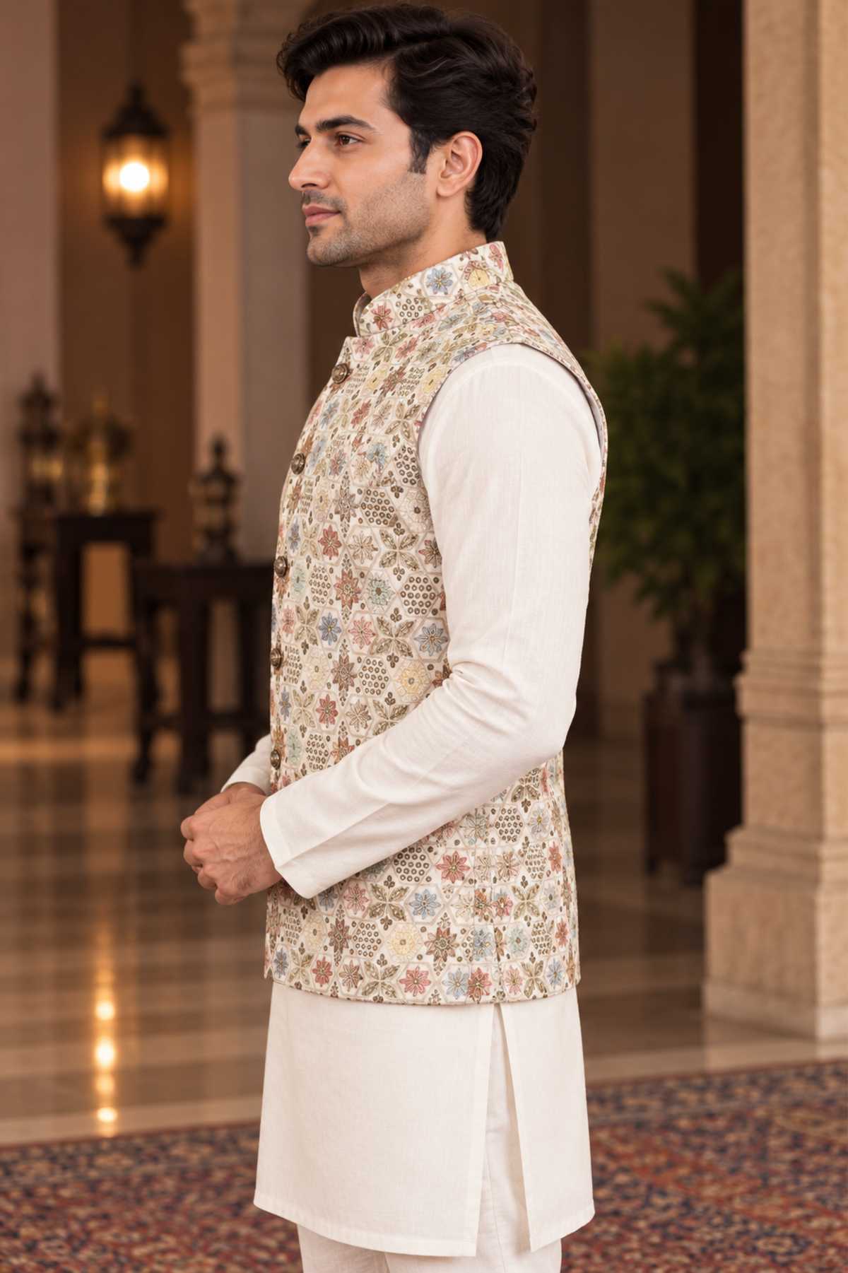 Ivory Floral Printed Nehru Jacket With Kurta Set