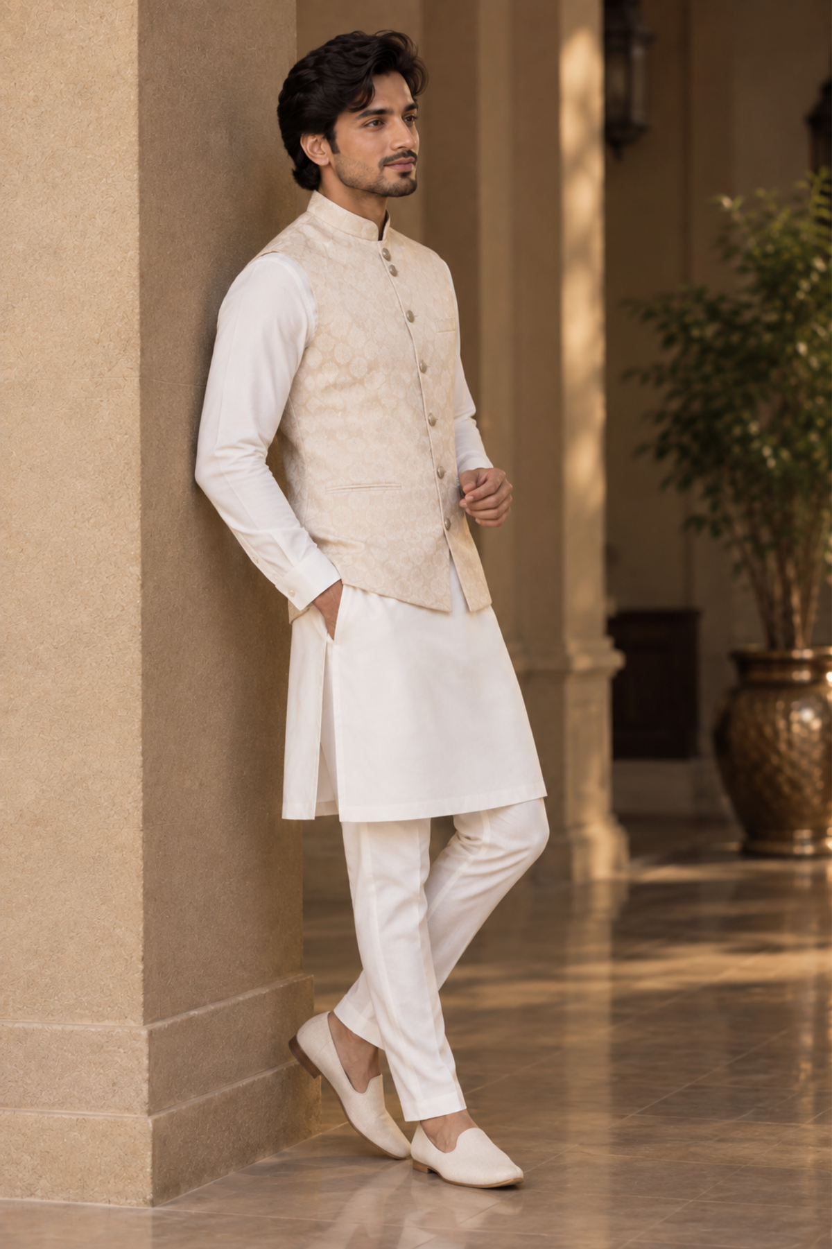 Pearl White Textured Nehru Jacket With Kurta Set