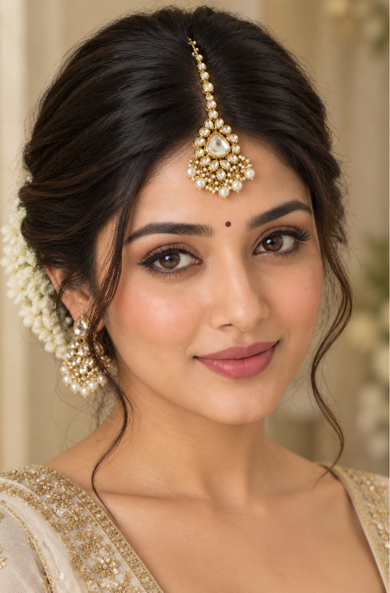 Elegant Gold-Tone Kundan Maang Tikka with Pearl & Crystal Drops