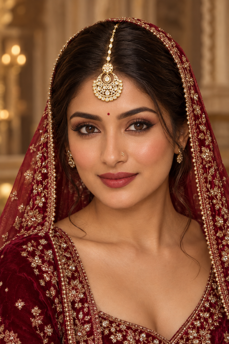 Elegant Gold-Tone Kundan Maang Tikka with Pearl & Crystal Detailing