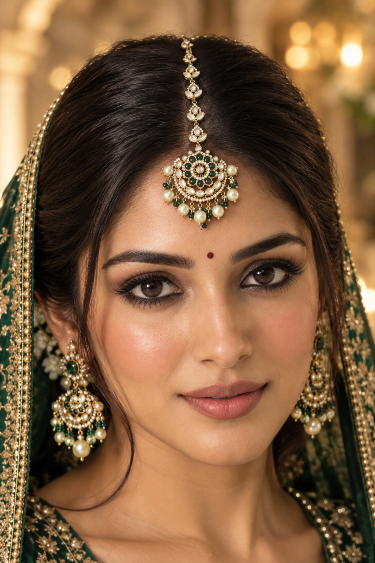 Elegant Gold-Tone Kundan Maang Tikka with Green Stones & Pearl Drops