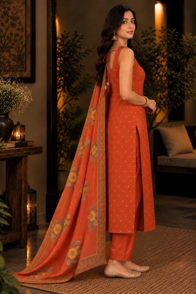 Rust Orange Embroidered Kurta Set with Dupatta