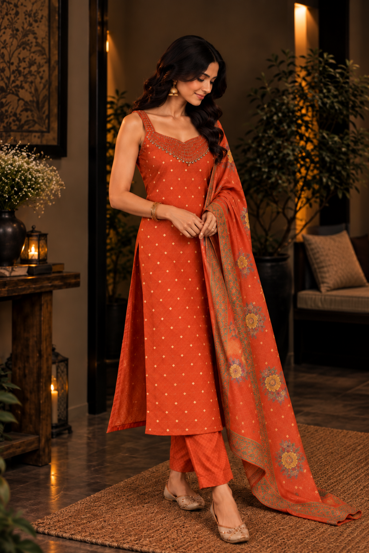 Rust Orange Embroidered Kurta Set with Dupatta