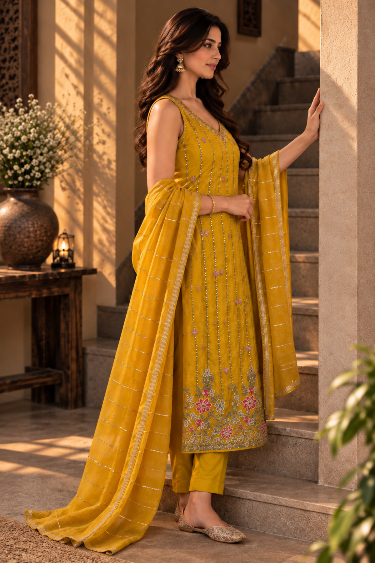 Mustard Yellow Embroidered Kurta Set with Dupatta