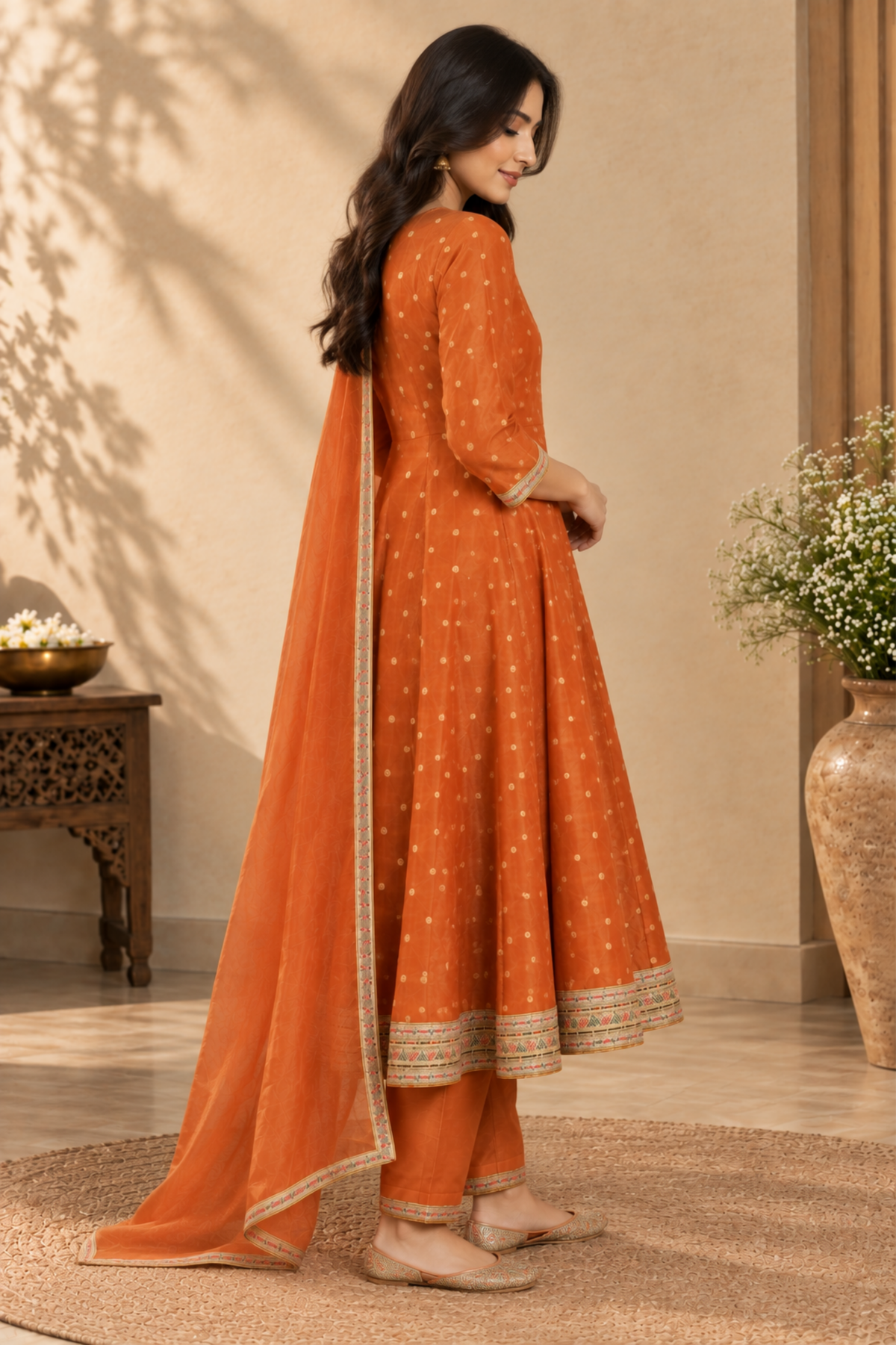 Burnt Orange Embroidered Anarkali Suit with Dupatta