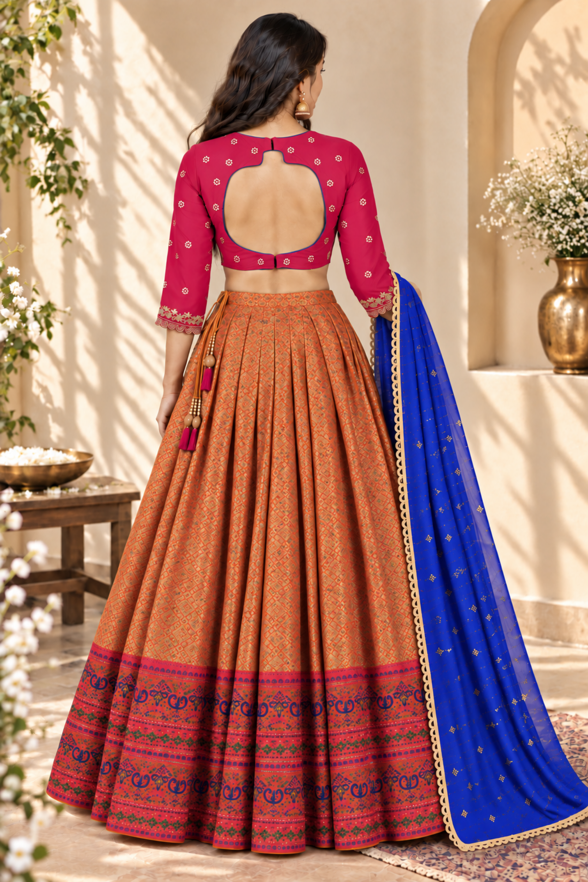 Rust Orange Embroidered Lehenga with Blue Dupatta