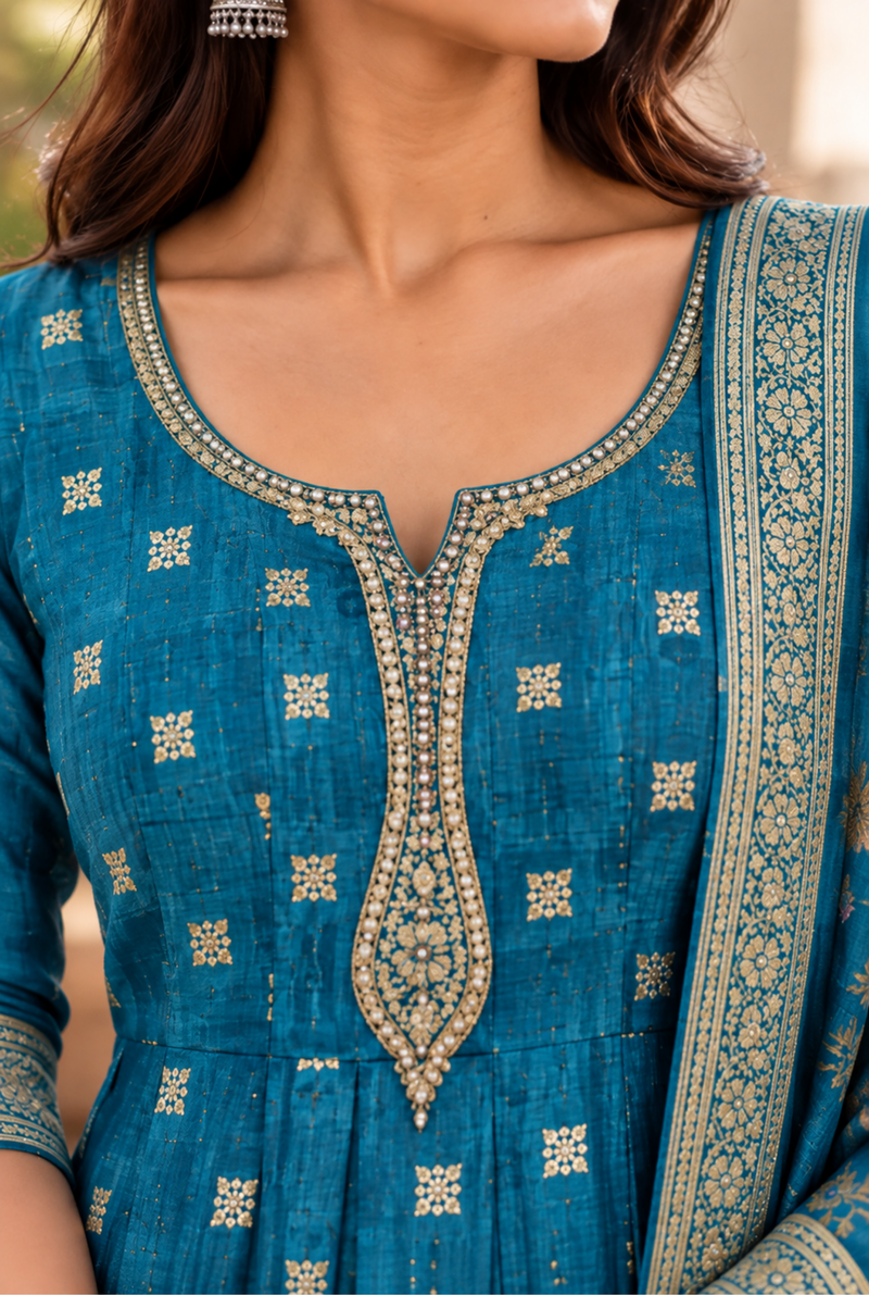 Teal Blue Printed Kurta Set With Floral Dupatta