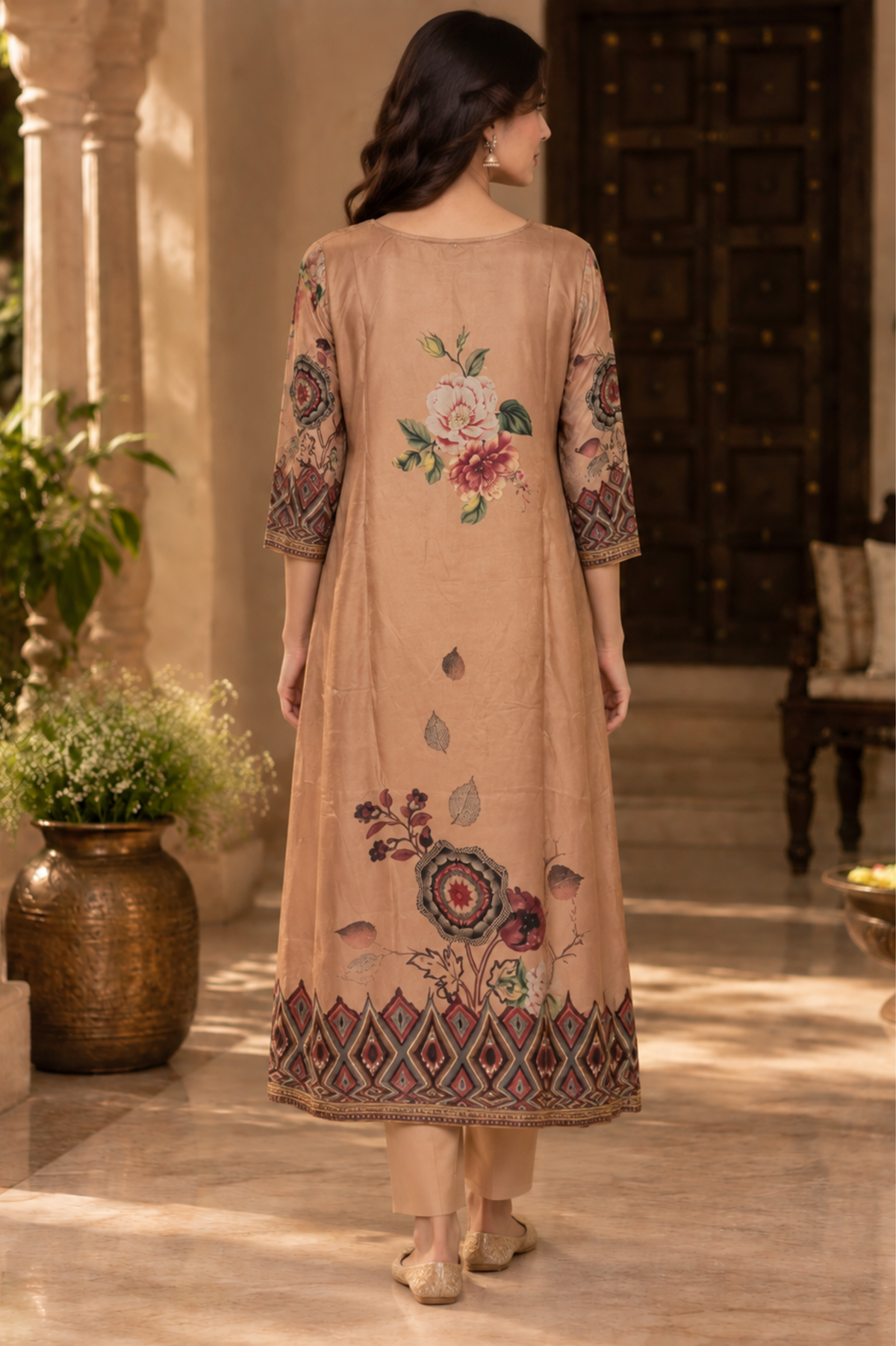 Peach Floral Embroidered A-Line Kurta