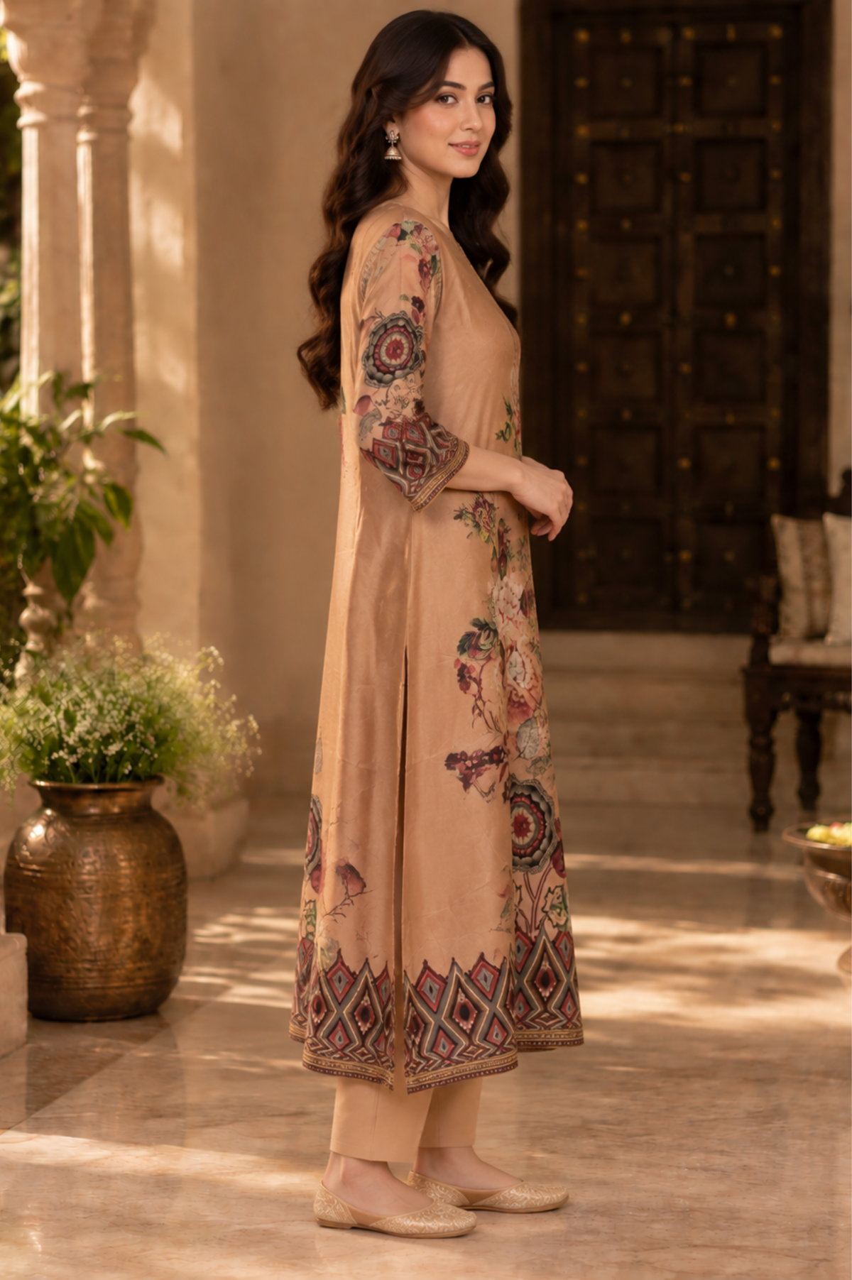 Peach Floral Embroidered A-Line Kurta