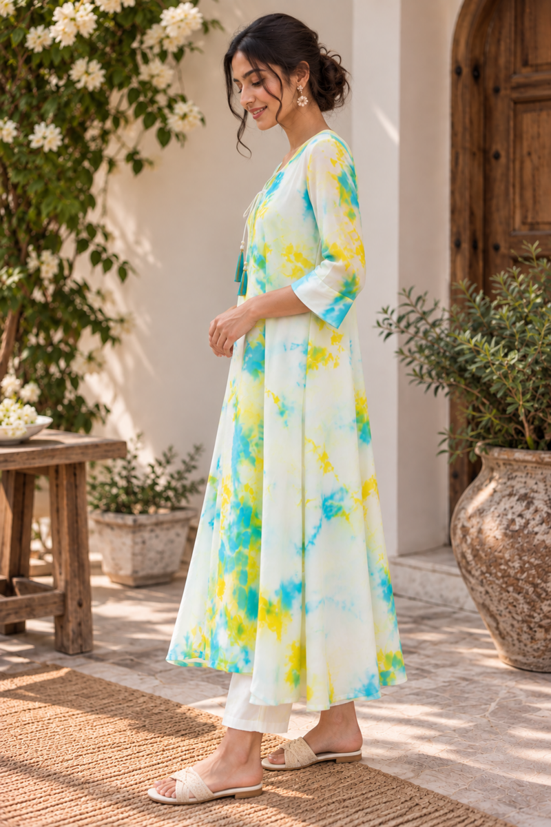 White Floral Tie-Dye A-Line Kurta Set