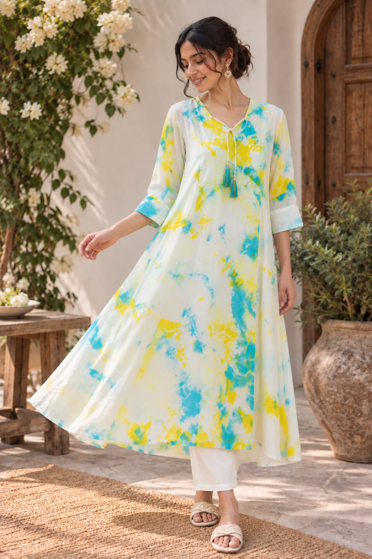 White Floral Tie-Dye A-Line Kurta Set