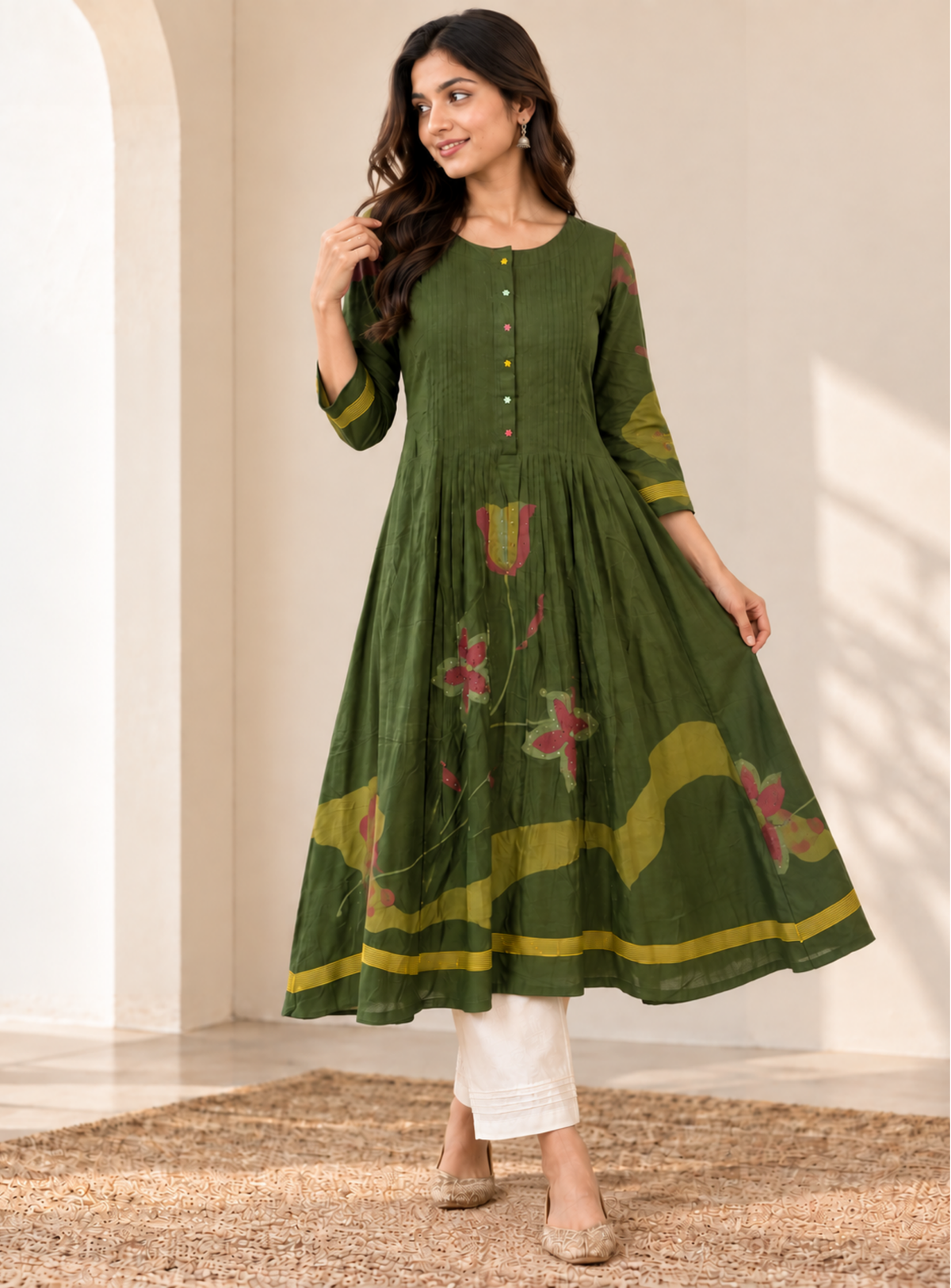 Olive Green Floral Printed Anarkali Kurta Set