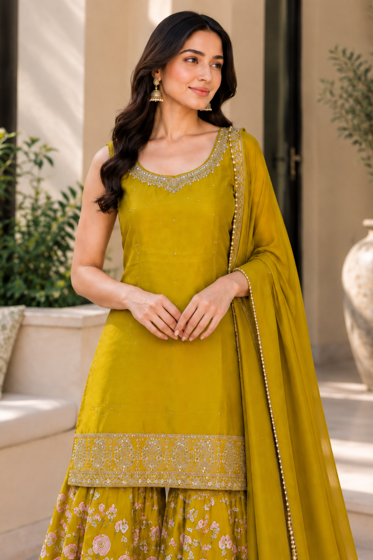 Mustard Yellow Embroidered Sharara Set With Dupatta