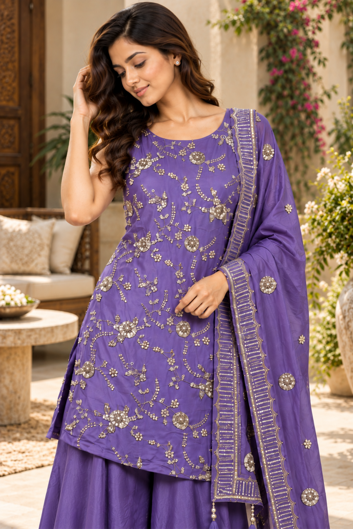 Purple Floral Embroidered Sharara Set With Dupatta