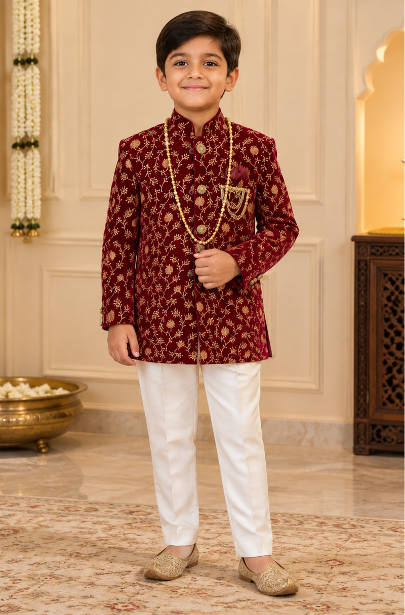 Maroon Floral Embroidered Bandhgala Set With Ivory Trousers