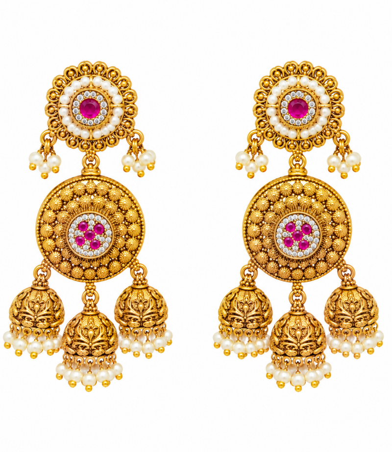 Traditional Gold-Plated Kundan Jhumka Earrings with Pink Stone Detailing