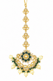 Elegant Gold-Tone Kundan Maang Tikka with Green Stones & Pearl Drops