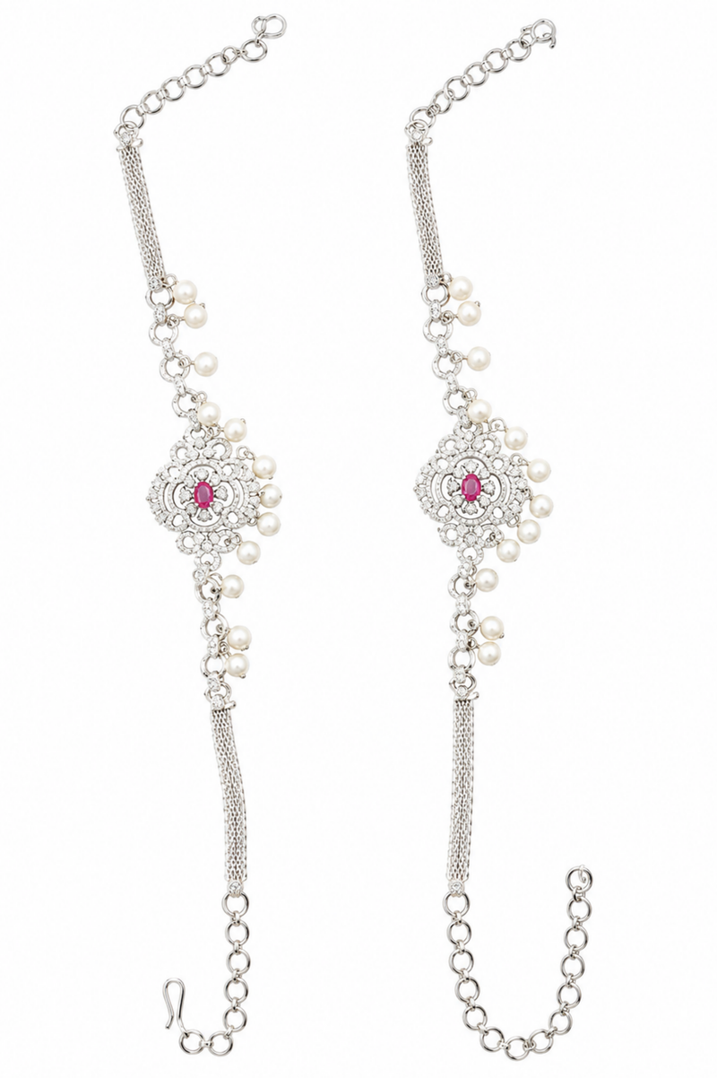 Elegant Silver-Plated Pink Stone Crystal Hathphool Hand Harness for Women