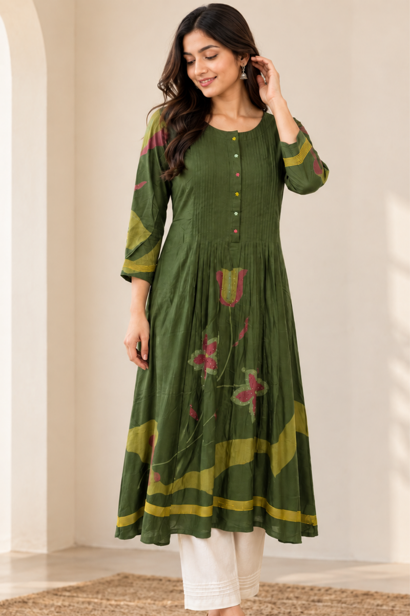 Olive Green Floral Printed Anarkali Kurta Set