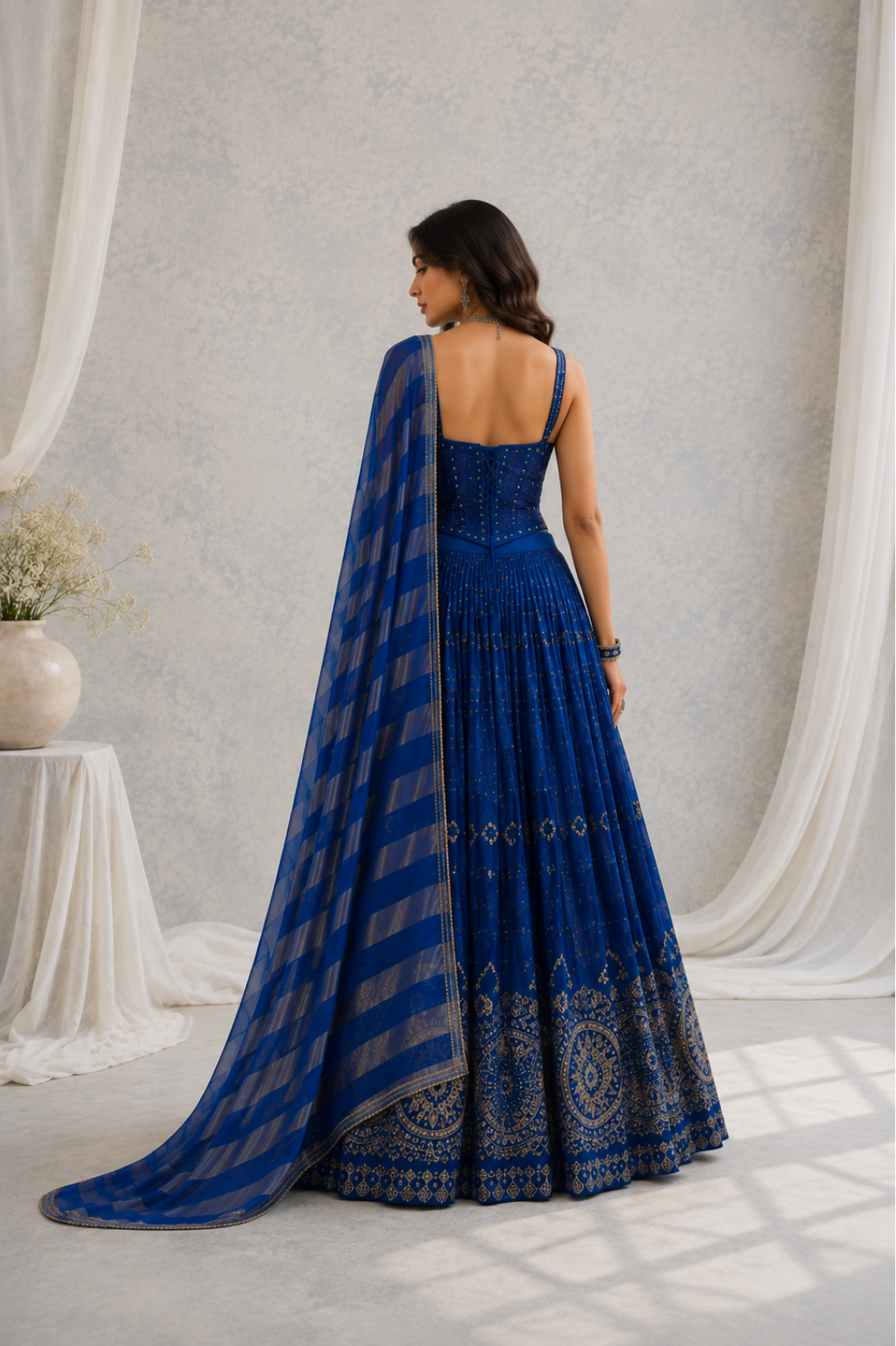 Royal Blue Embroidered Lehenga Set With Striped Dupatta