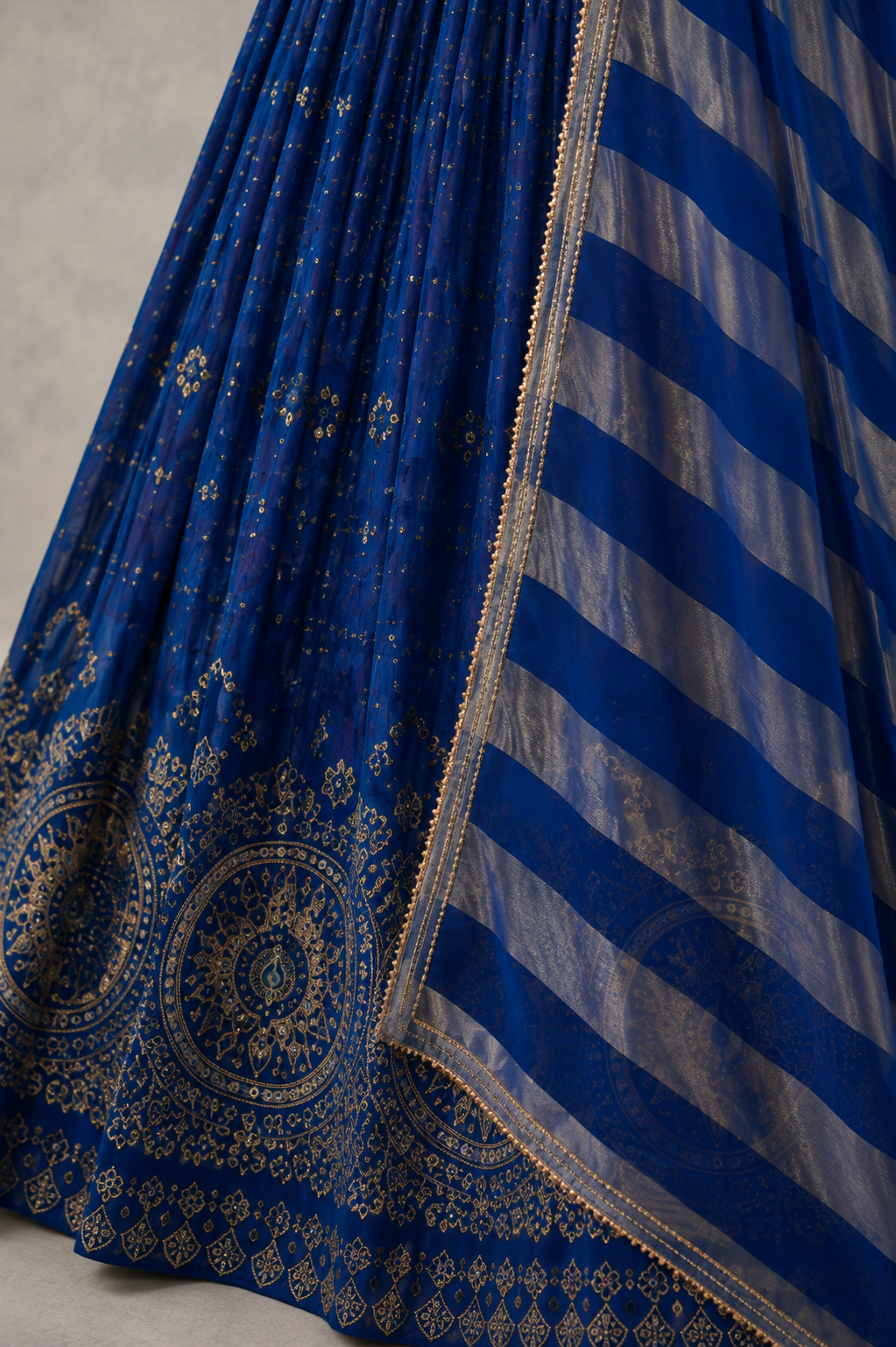 Royal Blue Embroidered Lehenga Set With Striped Dupatta