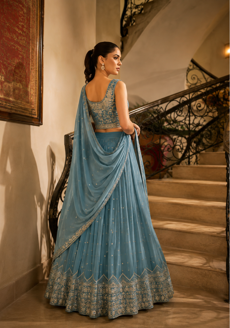Dusty Blue Embroidered Lehenga Set With Dupatta