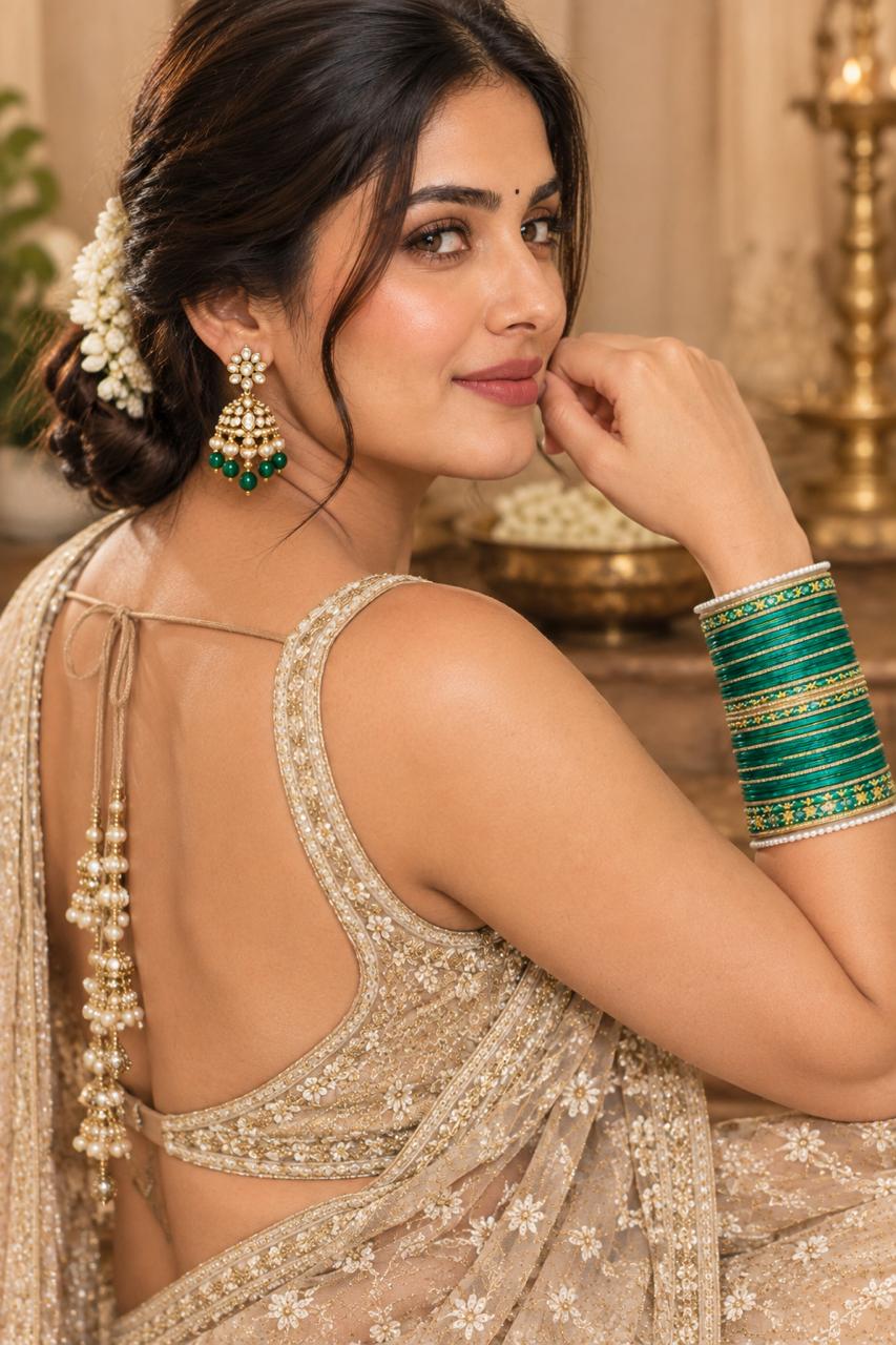 Elegant Green & Gold Embellished Traditional Bangle Set