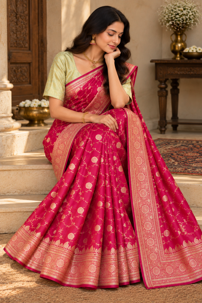Rose Pink Floral Woven Saree With Gold Border