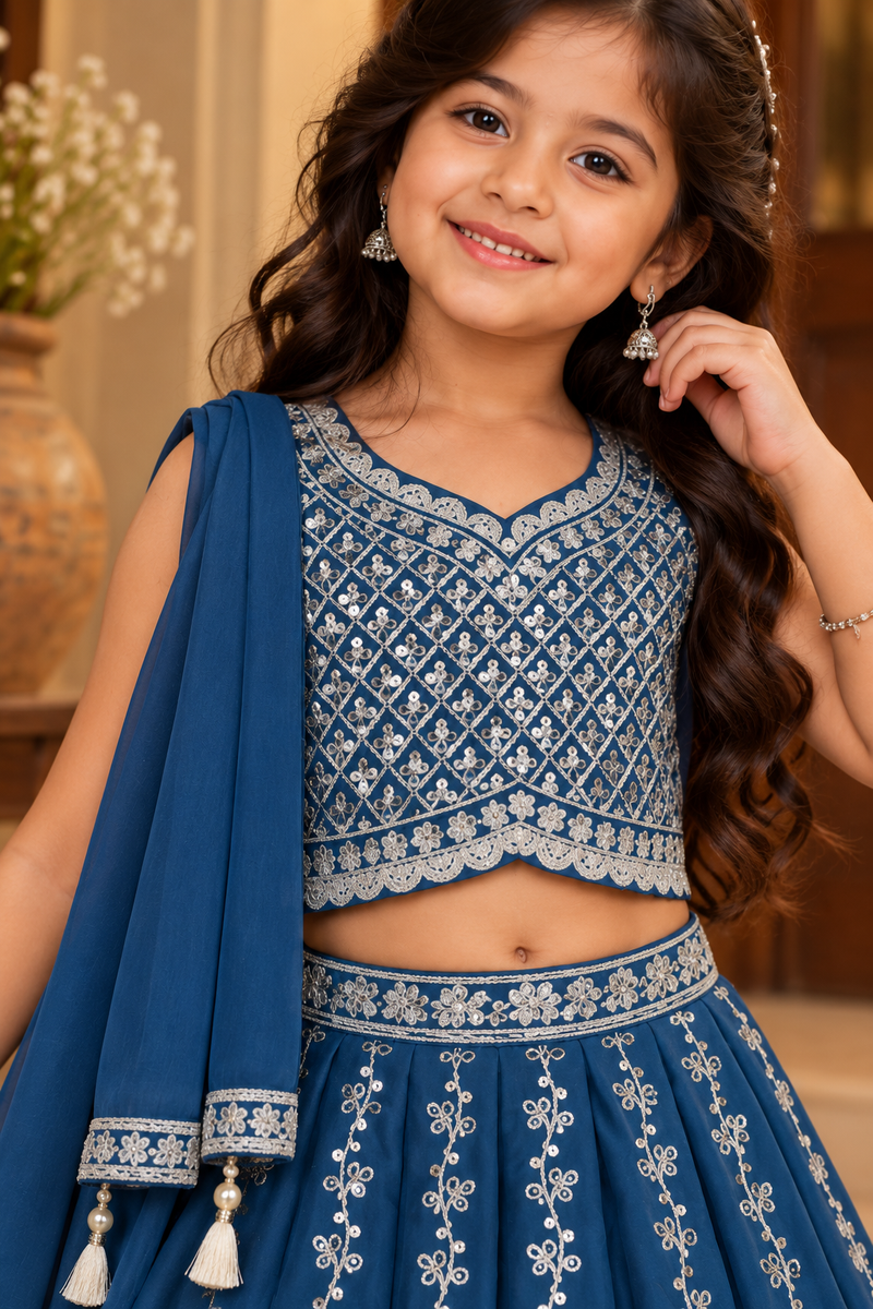 Royal Blue Embroidered Lehenga Choli Set for Girls with Dupatta
